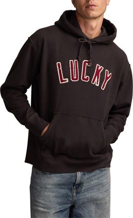 Lucky Brand Arch Logo Appliqu&eacute; Hoodie in Navy at Nordstrom, Size Xx-Large
