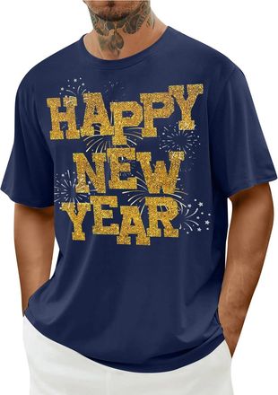 Generic Tee Shirts for Men Adult Leisure Time Mens T-Shirts Round Neck Mens Tops Casual T Shirt Men Short Sleeve Mens Tshirts Happy New Year Print Sweatshirt 