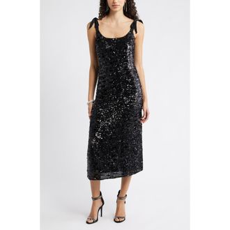 Chelsea28 Sequin Tie Shoulder Midi Dress in Black Gunmetal Sequins at Nordstrom Rack, Size X-Large