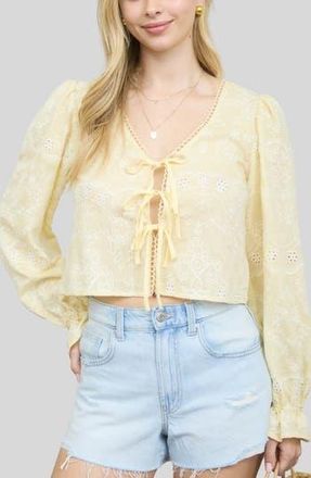 Blu Pepper Front Tie Long Sleeve Top in Butter Yellow at Nordstrom Rack, Size Medium