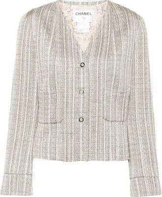 Chanel 2003 tweed collarless jacket - women - Silk/Linen/Flax/Wool/Silk/Cotton - 44 - Neutrals