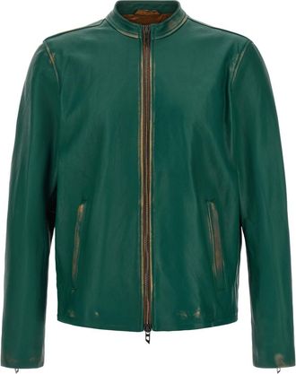 Diesel Green Solid Leather Jacket