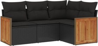 vidaXL Juego De Sof&aacute;s Jard&iacute;n 4 Pzas Con Cojines Rat&aacute;n Sint&eacute;tico Negro Vidaxl