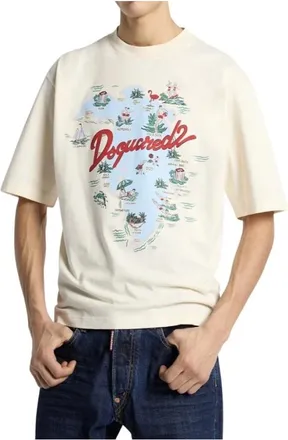Dsquared2 Tops, Heren, Wit, M, Katoen, Aloha Souvenir T-shirt met Losse Pasvorm