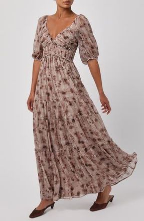 Lulus Madison Puff Sleeve Ruched Tiered Maxi Dress in Taupe Multi at Nordstrom Rack, Size X-Small