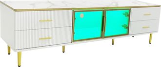 STILVORA Mueble De Tv Con 4 Cajones, 2 Puertas De Vidrio Templado Y Led, Efecto M&aacute;rmol, Estilo Moderno, 170&times;37&times;47,5 Cm, Blanco