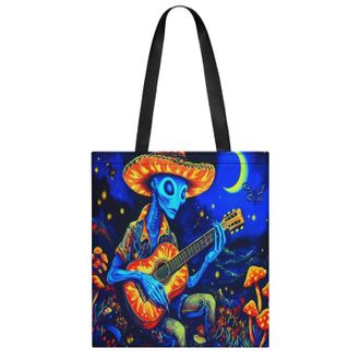 Generic Psychedelic Aliens Playing Guitar In Moon Womens Tote Casual Shopping Bag Lightweight Shoulder Bags Hobos Handbag for Work Travel Daily 35x40cm
