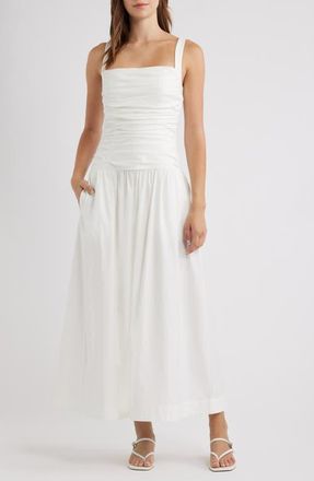 Reformation Nesta Ruched Bodice Stretch Cotton Dress in White at Nordstrom, Size 12