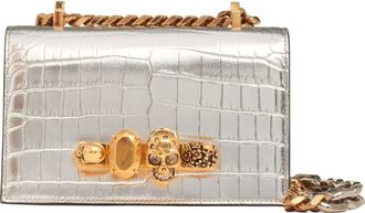 Alexander McQueen Mini Jeweled Croc Embossed Leather Satchel in Silver/Gold at Nordstrom