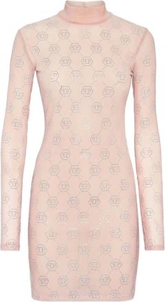 Philipp Plein Kleedjes, Dames, Roze, S, Polyester, Shirt Dress Monogram Strass