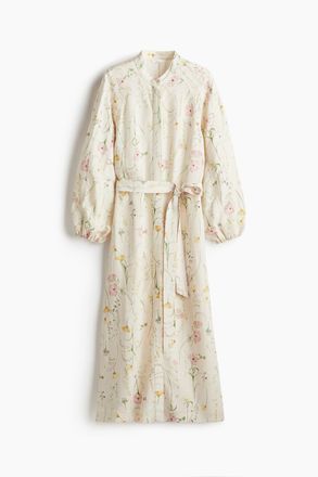 H&M Kleid aus Leinenmix mit Bindeg&uuml;rtel - Cremefarben/Gebl&uuml;mt
