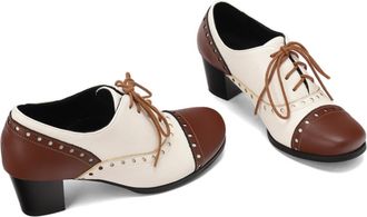 Generic Womens Two-Tone Lace-Up Block Heel Oxfords Cap Toe Stud Detail Round Toe Smooth Upper Adjustable Laces Padded Insole Stable Durable Shoes,Brown White,