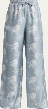 Stella McCartney Horse Printed Silk Twill Wide-Leg Drawstring Pants