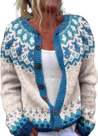 Generic Womens Cardigan Y2K Sweater Vintage Button Knitted Jacket Icelandic Nordic Coat Colorful Boho Cardigans 2026 New (16,XXL)