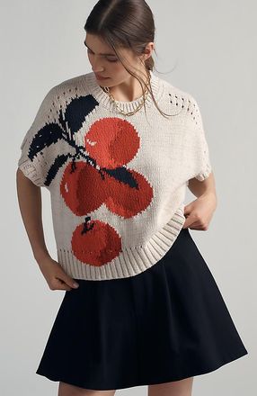 Maeve Short-Sleeve Crew-Neck Veggie Motif Graphic Sweater