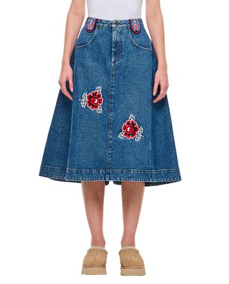 MOLLY GODDARD A-Line Denim Midi Skirt With Decorative Embroidery And Distinctive Piping