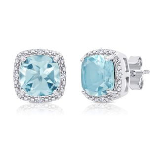 MAX + STONE 925 Sterling Silver 7mm Gemstone and Diamond Accent Halo Cushion Stud Earrings