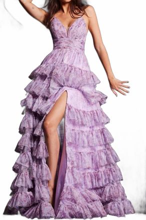 Jovani V Neckline Print Dress In Lilac