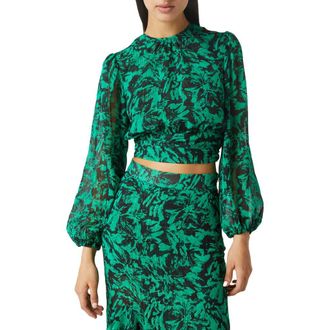 Misa Beatriz Print Metallic Stripe Crop Blouse in Emerald Abstract at Nordstrom Rack, Size X-Small