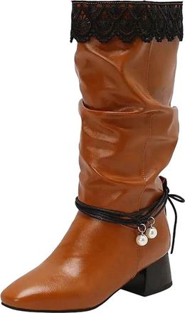 Generic Womens Retro Mid Calf Boots Round Toe Med Square Heel Slip On With Decorative Lace Up Detail Color Block Design