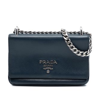 Prada Pre-owned Womens Saffiano And City Calf Chain Crossbody - Dark Blue Leather - One Size