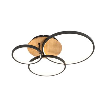 QAZQA Moderno Plaf&oacute;n Negro Con Madera Incl. Led Regulable 3 Pasos 3 Luces - Alec Acero /aluminio / Redonda Incluye Led Max. 3 X 40 Watt - Qazqa
