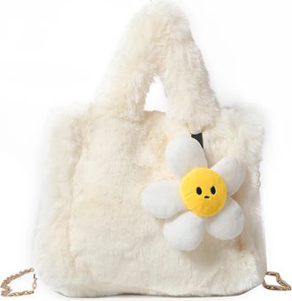 Generic Womens Plush Bags Women Plush Top Handle Bag With Chain Shoulder Solid Color Furry Purse Handbag For Work Travel(White)