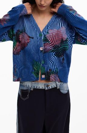 Desigual Floral V-Neck Cardigan in Blue at Nordstrom, Size X-Large