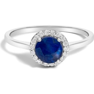 House of Brilliance 10K Gold Gemstone and 1/10 Cttw Diamond Halo Birthstone Ring in White | Blue Sapphire at Nordstrom, Size 6.5