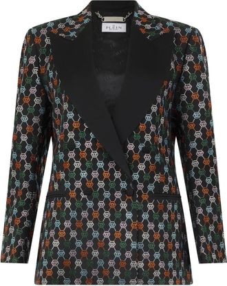 Philipp Plein Double Breasted Marine Fit Blazer Monogram Strass - Dames - Blazers - Zwart - S - Wol - Jassen