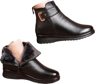 Generic Womens Metal Buckle Genuine Leather Wool Orthopedic Boots, Comfortable Warm Casual Non-slip Side Zipper Snow Boots for Women (Black,10.5)