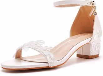 Generic White,5.5 UK,Womens Chunky Low Heels Open Toe Block Heeled Sandals Dress Ankle Strap Pumps Lace Wedding Bridal Party Comfort Shoes