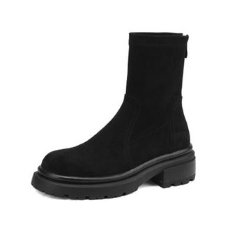 Generic Womens PU Leather Suede Ankle Boots Round Toe Thick Lug Sole Side Zipper Stretch Upper Soft Lining Cushioned Insole Durable Non-Slip Outsole,Black Sue