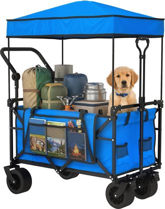 OUTSUNNY Carro Playa Plegable Con Ruedas Grandes Con Freno, Techo Extra&iacute;ble, Barra Ajustable, Portavasos Y Bolsillos Carga 100 Kg Para Campa&ntilde;a Compras