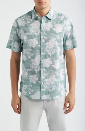 Robert Barakett Kyliam Floral Print Short Sleeve Cotton Button-Up Shirt in Dusty Teal at Nordstrom, Size Xx-Large