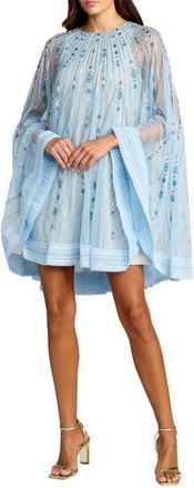 Mac Duggal Hand-Beaded Lace Trapeze Mini Dress with Sheer Cape Sleeves in Powder Blue Nude at Nordstrom, Size X-Large
