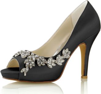 Generic Womens On Wedding Dress Shoes Platform Pumps Open Toe Bridal Shoes Party Dress Sandles,Black,7 UK