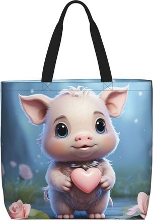 Generic Cartoon Pig Holding A Heart Tote Bag Large Capacity Shopper Bag Durable Shoulder Bags For Beach Travel Ladies