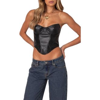 Edikted Aberdeen Faux Leather Strapless Crop Top in Black at Nordstrom, Size X-Large