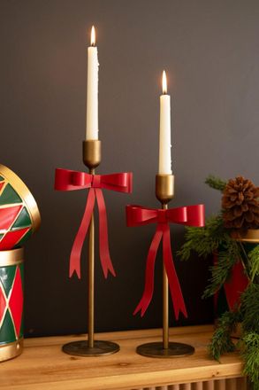 Kalalou Set Of Two Metal Christmas Bow Taper Candle Holders