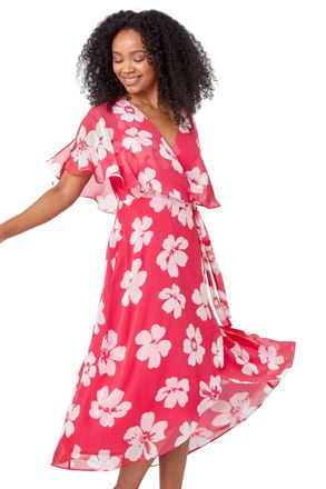 Roman Womens Floral Print Cape Dress - Coral - Size 12 UK