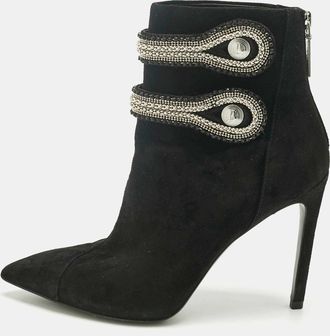 Balmain Black Suede Crystal Embellished Ankle Length Boots
