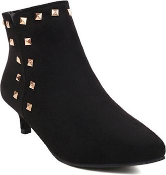 Generic Womens Kitten Heel Short Boots with Zipper Faux Suede Ankle Boots with Rivet Pointed Toe Party Prom Shoes,Black,9.5 UK