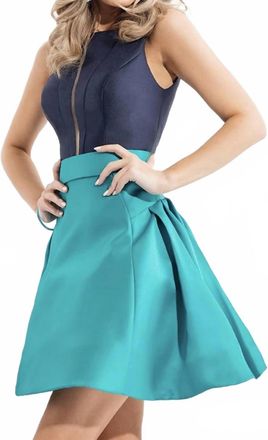 Rachel Allan Illusion Lace Sleeve Corset Ballgown In Navy/teal