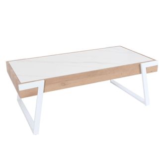 Hhg Hhg - Nunca Usado] Mesa De Centro 703, Mesa De Sof&aacute; Mesa De Sal&oacute;n, Hierro 43x120x64cm Piedra Sinterizada Aspecto M&aacute;rmol Blanco Madera Natural
