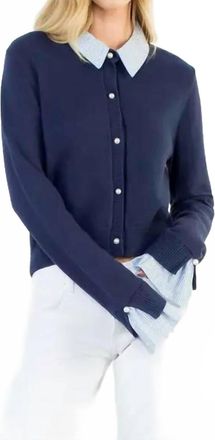 THML Clothing Pearl Button Mixed Media Collared Knit Top In Blue
