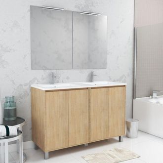 Aurlane Aurlane - Mueble De Ba&ntilde;o 120cm Roble Claro 4 Puertas, Lavabo, 2 Espejos 60x80 Con Apliques Led