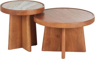 Maisons du monde Set de 2 mesas de centro apilables redondas de madera maciza de acacia y m&aacute;rmol