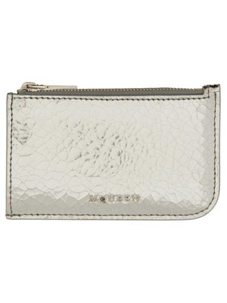 Alexander McQueen Logo-Embossed Calfskin Card Case - Silver