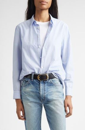 Nili Lotan Raphael Stripe Cotton Button-Up Shirt in Ciel Stripes at Nordstrom, Size X-Large